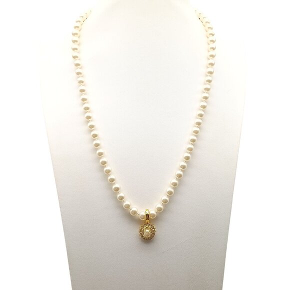 Roman Crystal Heart Pendant Enhancer on Lustrous Knotted Glass Pearl Strand - Picture 1 of 4